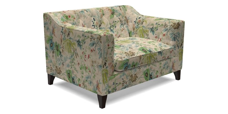 Haresfield Snuggler Dipped Arms in Mohair Lichen Seat Cushion in RHS Gertrude Jekyll Meadow Flower Olive and Scatters in RHS Gertrude Jekyll Folklore Olive