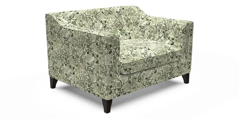 Haresfield Snuggler Dipped Arms in Mohair Lichen Seat Cushion in RHS Gertrude Jekyll Meadow Flower Olive and Scatters in RHS Gertrude Jekyll Folklore Olive