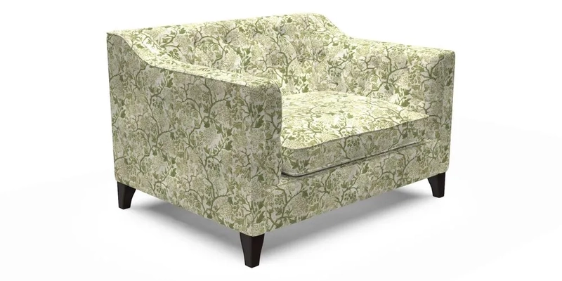 Haresfield Snuggler Dipped Arms in Mohair Lichen Seat Cushion in RHS Gertrude Jekyll Meadow Flower Olive and Scatters in RHS Gertrude Jekyll Folklore Olive