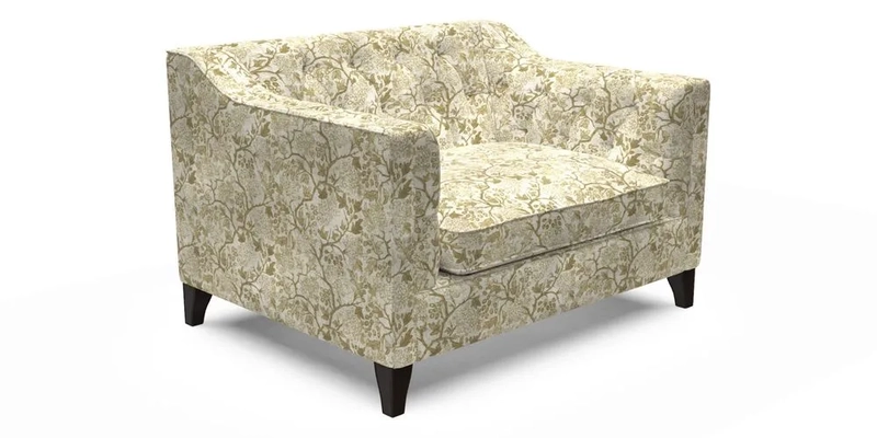 Haresfield Snuggler Dipped Arms in Mohair Lichen Seat Cushion in RHS Gertrude Jekyll Meadow Flower Olive and Scatters in RHS Gertrude Jekyll Folklore Olive