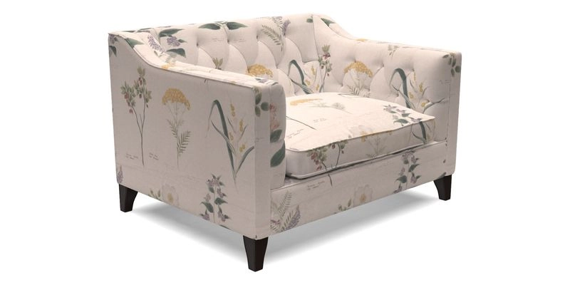 Haresfield Snuggler Dipped Arms in Mohair Lichen Seat Cushion in RHS Gertrude Jekyll Meadow Flower Olive and Scatters in RHS Gertrude Jekyll Folklore Olive