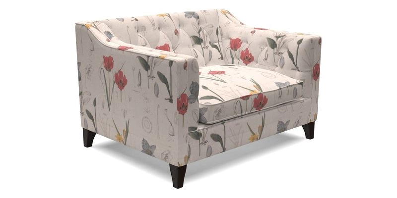 Haresfield Snuggler Dipped Arms in Mohair Lichen Seat Cushion in RHS Gertrude Jekyll Meadow Flower Olive and Scatters in RHS Gertrude Jekyll Folklore Olive