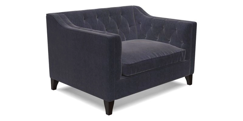 Haresfield Snuggler Dipped Arms in Mohair Lichen Seat Cushion in RHS Gertrude Jekyll Meadow Flower Olive and Scatters in RHS Gertrude Jekyll Folklore Olive