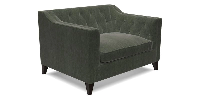 Haresfield Snuggler Dipped Arms in Mohair Lichen Seat Cushion in RHS Gertrude Jekyll Meadow Flower Olive and Scatters in RHS Gertrude Jekyll Folklore Olive