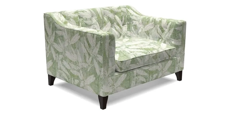 Haresfield Snuggler Dipped Arms in Mohair Lichen Seat Cushion in RHS Gertrude Jekyll Meadow Flower Olive and Scatters in RHS Gertrude Jekyll Folklore Olive