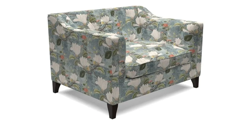 Haresfield Snuggler Dipped Arms in Mohair Lichen Seat Cushion in RHS Gertrude Jekyll Meadow Flower Olive and Scatters in RHS Gertrude Jekyll Folklore Olive