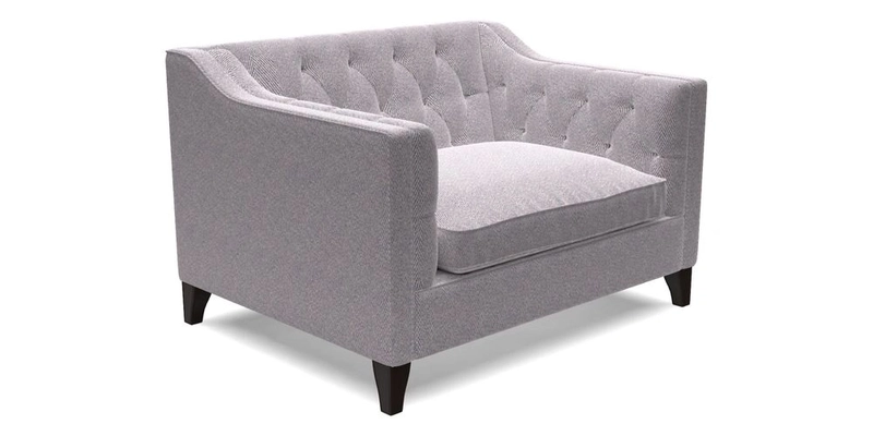 Haresfield Snuggler Dipped Arms in Mohair Lichen Seat Cushion in RHS Gertrude Jekyll Meadow Flower Olive and Scatters in RHS Gertrude Jekyll Folklore Olive