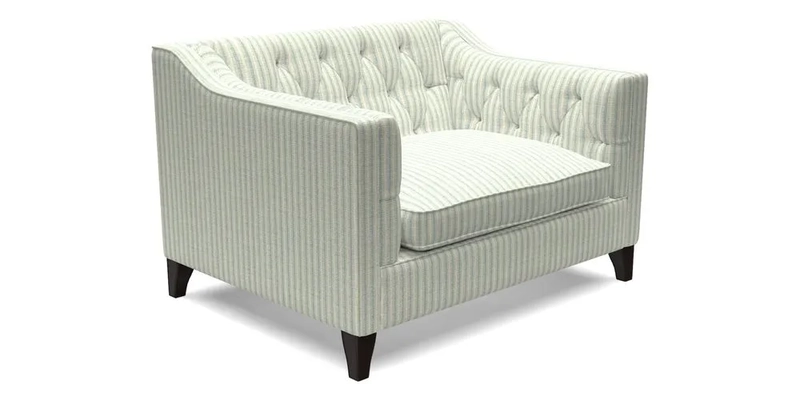 Haresfield Snuggler Dipped Arms in Mohair Lichen Seat Cushion in RHS Gertrude Jekyll Meadow Flower Olive and Scatters in RHS Gertrude Jekyll Folklore Olive