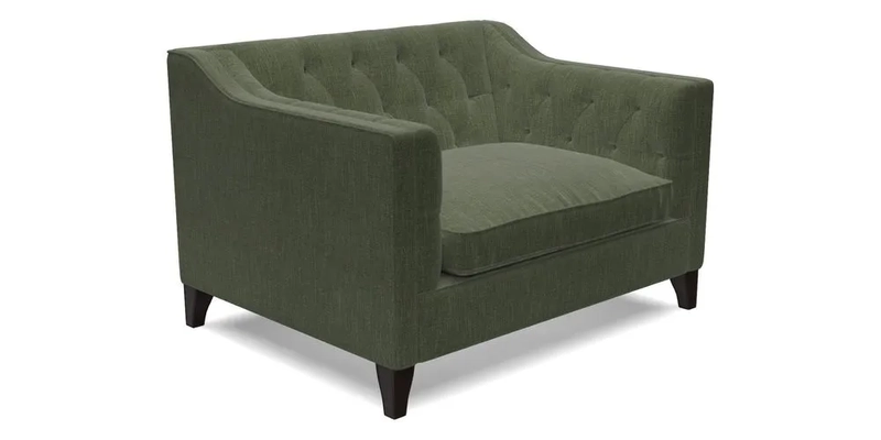 Haresfield Snuggler Dipped Arms in Mohair Lichen Seat Cushion in RHS Gertrude Jekyll Meadow Flower Olive and Scatters in RHS Gertrude Jekyll Folklore Olive