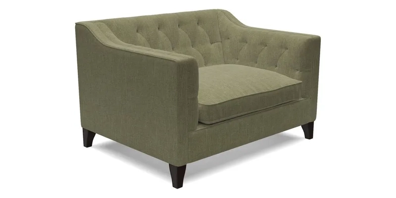 Haresfield Snuggler Dipped Arms in Mohair Lichen Seat Cushion in RHS Gertrude Jekyll Meadow Flower Olive and Scatters in RHS Gertrude Jekyll Folklore Olive