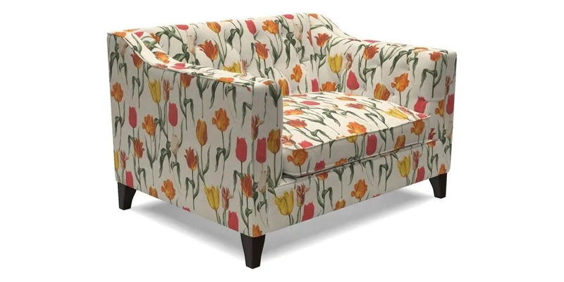 Haresfield Snuggler Dipped Arms in Mohair Lichen Seat Cushion in RHS Gertrude Jekyll Meadow Flower Olive and Scatters in RHS Gertrude Jekyll Folklore Olive