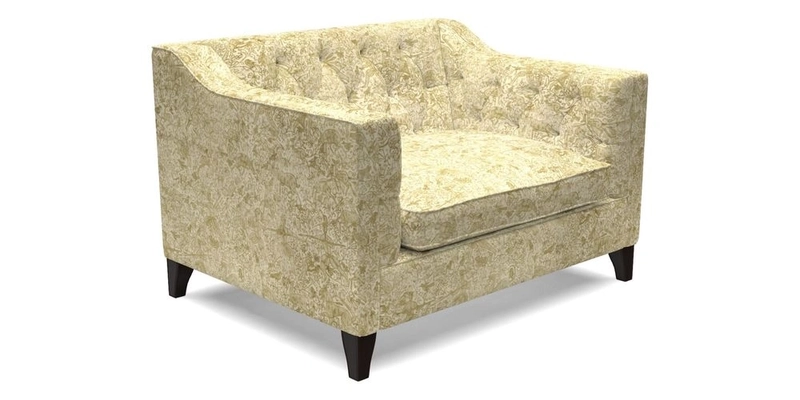 Haresfield Snuggler Dipped Arms in Mohair Lichen Seat Cushion in RHS Gertrude Jekyll Meadow Flower Olive and Scatters in RHS Gertrude Jekyll Folklore Olive