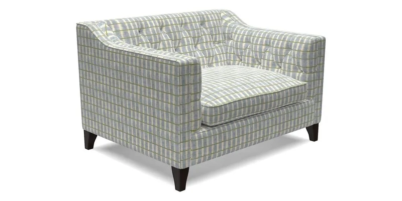 Haresfield Snuggler Dipped Arms in Mohair Lichen Seat Cushion in RHS Gertrude Jekyll Meadow Flower Olive and Scatters in RHS Gertrude Jekyll Folklore Olive