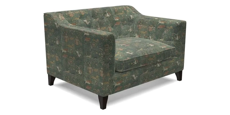 Haresfield Snuggler Dipped Arms in Mohair Lichen Seat Cushion in RHS Gertrude Jekyll Meadow Flower Olive and Scatters in RHS Gertrude Jekyll Folklore Olive