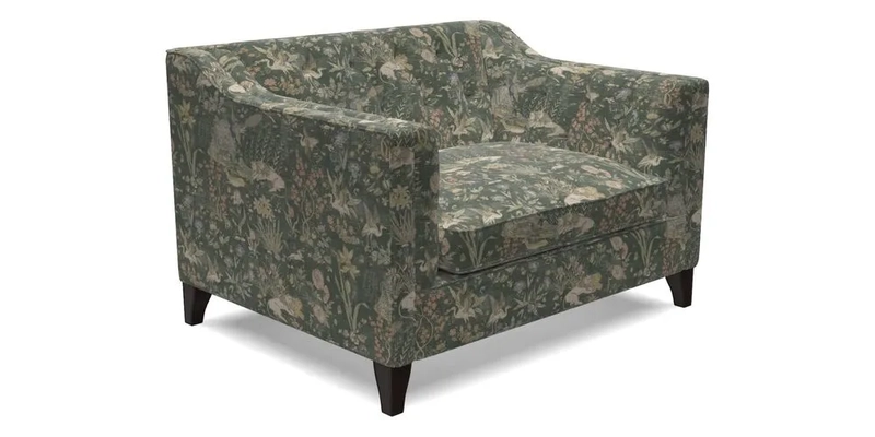 Haresfield Snuggler Dipped Arms in Mohair Lichen Seat Cushion in RHS Gertrude Jekyll Meadow Flower Olive and Scatters in RHS Gertrude Jekyll Folklore Olive