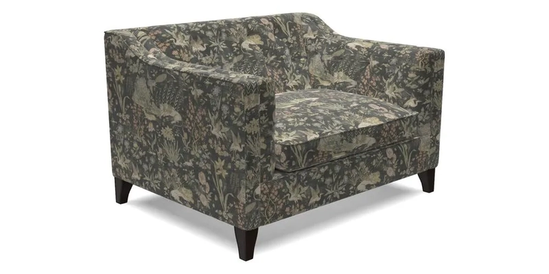 Haresfield Snuggler Dipped Arms in Mohair Lichen Seat Cushion in RHS Gertrude Jekyll Meadow Flower Olive and Scatters in RHS Gertrude Jekyll Folklore Olive