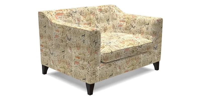 Haresfield Snuggler Dipped Arms in Mohair Lichen Seat Cushion in RHS Gertrude Jekyll Meadow Flower Olive and Scatters in RHS Gertrude Jekyll Folklore Olive