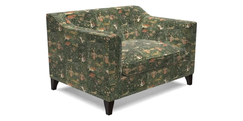 Haresfield Snuggler Dipped Arms in Mohair Lichen Seat Cushion in RHS Gertrude Jekyll Meadow Flower Olive and Scatters in RHS Gertrude Jekyll Folklore Olive