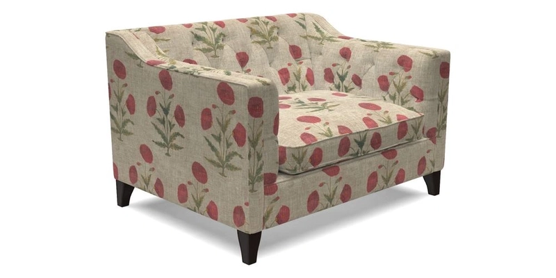 Haresfield Snuggler Dipped Arms in Mohair Lichen Seat Cushion in RHS Gertrude Jekyll Meadow Flower Olive and Scatters in RHS Gertrude Jekyll Folklore Olive