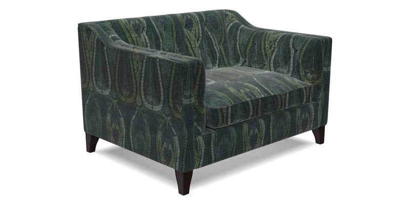 Haresfield Snuggler Dipped Arms in Mohair Lichen Seat Cushion in RHS Gertrude Jekyll Meadow Flower Olive and Scatters in RHS Gertrude Jekyll Folklore Olive