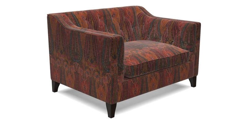 Haresfield Snuggler Dipped Arms in Mohair Lichen Seat Cushion in RHS Gertrude Jekyll Meadow Flower Olive and Scatters in RHS Gertrude Jekyll Folklore Olive