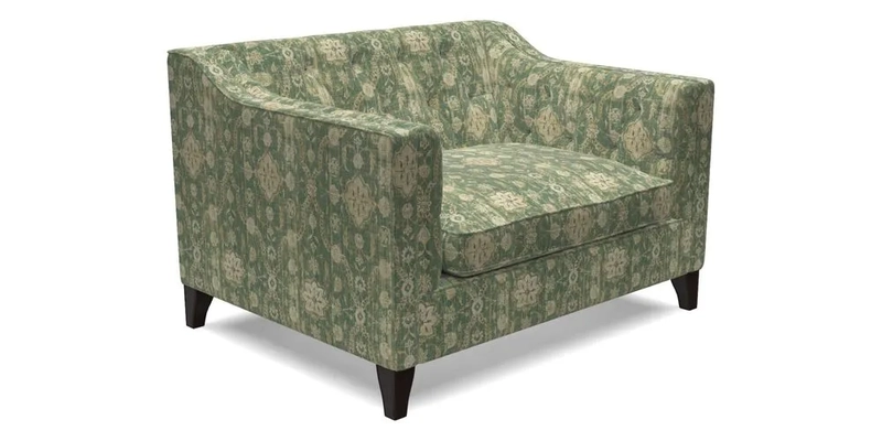 Haresfield Snuggler Dipped Arms in Mohair Lichen Seat Cushion in RHS Gertrude Jekyll Meadow Flower Olive and Scatters in RHS Gertrude Jekyll Folklore Olive