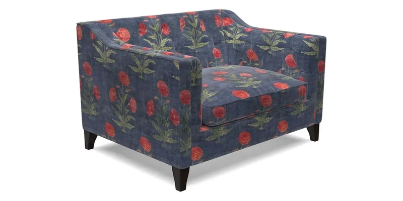 Haresfield Snuggler Dipped Arms in Mohair Lichen Seat Cushion in RHS Gertrude Jekyll Meadow Flower Olive and Scatters in RHS Gertrude Jekyll Folklore Olive