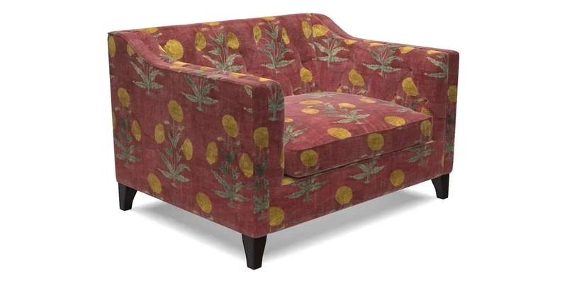 Haresfield Snuggler Dipped Arms in Mohair Lichen Seat Cushion in RHS Gertrude Jekyll Meadow Flower Olive and Scatters in RHS Gertrude Jekyll Folklore Olive