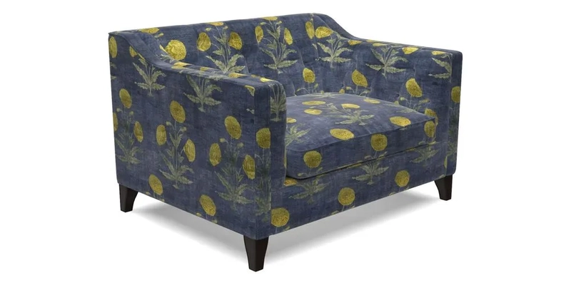 Haresfield Snuggler Dipped Arms in Mohair Lichen Seat Cushion in RHS Gertrude Jekyll Meadow Flower Olive and Scatters in RHS Gertrude Jekyll Folklore Olive