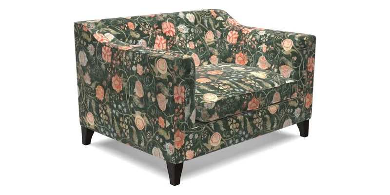 Haresfield Snuggler Dipped Arms in Mohair Lichen Seat Cushion in RHS Gertrude Jekyll Meadow Flower Olive and Scatters in RHS Gertrude Jekyll Folklore Olive