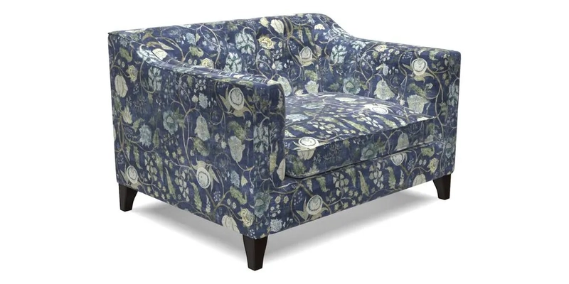 Haresfield Snuggler Dipped Arms in Mohair Lichen Seat Cushion in RHS Gertrude Jekyll Meadow Flower Olive and Scatters in RHS Gertrude Jekyll Folklore Olive