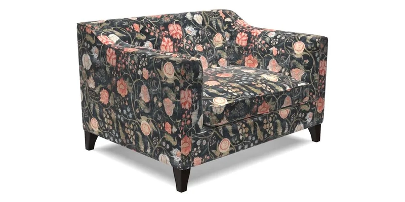 Haresfield Snuggler Dipped Arms in Mohair Lichen Seat Cushion in RHS Gertrude Jekyll Meadow Flower Olive and Scatters in RHS Gertrude Jekyll Folklore Olive