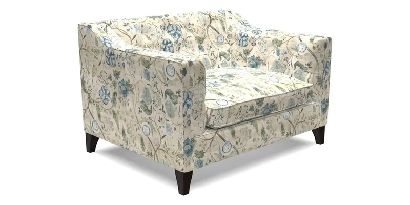 Haresfield Snuggler Dipped Arms in Mohair Lichen Seat Cushion in RHS Gertrude Jekyll Meadow Flower Olive and Scatters in RHS Gertrude Jekyll Folklore Olive