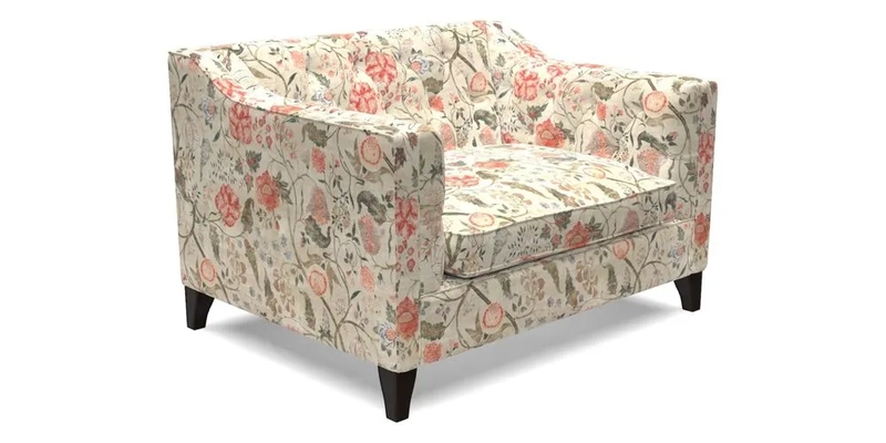 Haresfield Snuggler Dipped Arms in Mohair Lichen Seat Cushion in RHS Gertrude Jekyll Meadow Flower Olive and Scatters in RHS Gertrude Jekyll Folklore Olive