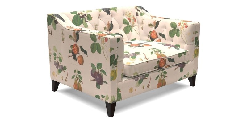 Haresfield Snuggler Dipped Arms in Mohair Lichen Seat Cushion in RHS Gertrude Jekyll Meadow Flower Olive and Scatters in RHS Gertrude Jekyll Folklore Olive