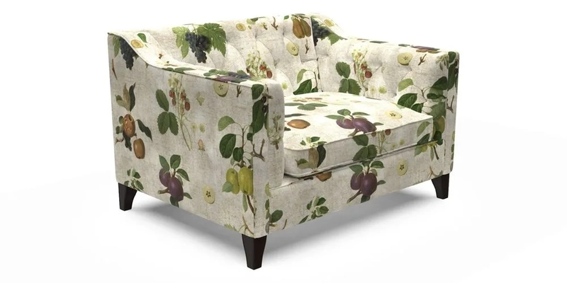 Haresfield Snuggler Dipped Arms in Mohair Lichen Seat Cushion in RHS Gertrude Jekyll Meadow Flower Olive and Scatters in RHS Gertrude Jekyll Folklore Olive