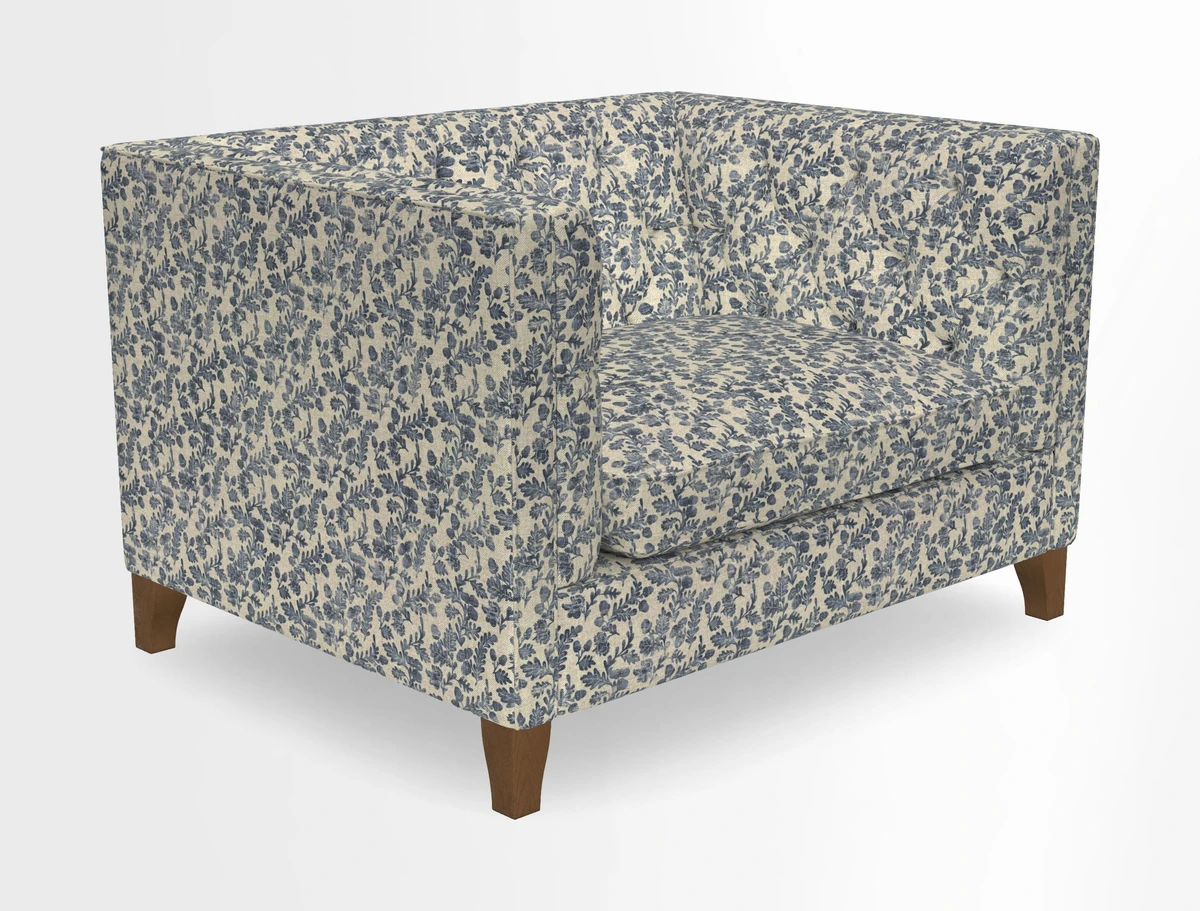 Haresfield Snuggler Dipped Arms in Mohair Lichen Seat Cushion in RHS Gertrude Jekyll Meadow Flower Olive and Scatters in RHS Gertrude Jekyll Folklore Olive