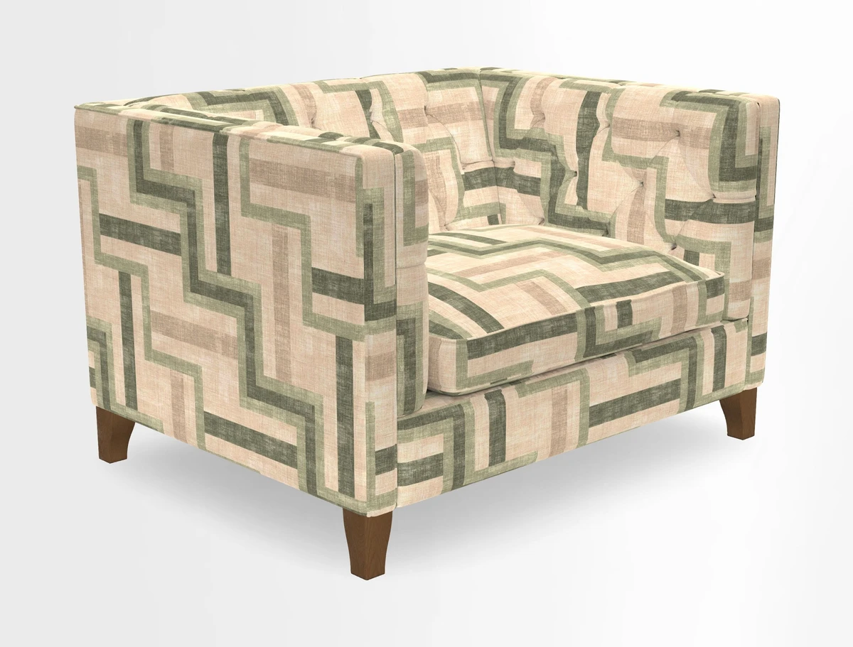 Haresfield Snuggler Dipped Arms in Mohair Lichen Seat Cushion in RHS Gertrude Jekyll Meadow Flower Olive and Scatters in RHS Gertrude Jekyll Folklore Olive