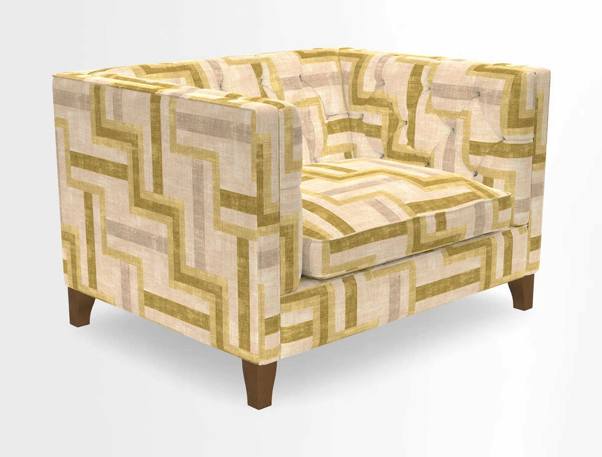 Haresfield Snuggler Dipped Arms in Mohair Lichen Seat Cushion in RHS Gertrude Jekyll Meadow Flower Olive and Scatters in RHS Gertrude Jekyll Folklore Olive