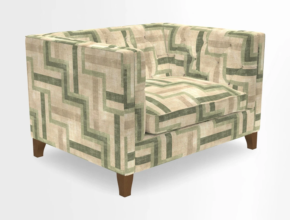 Haresfield Snuggler Dipped Arms in Mohair Lichen Seat Cushion in RHS Gertrude Jekyll Meadow Flower Olive and Scatters in RHS Gertrude Jekyll Folklore Olive
