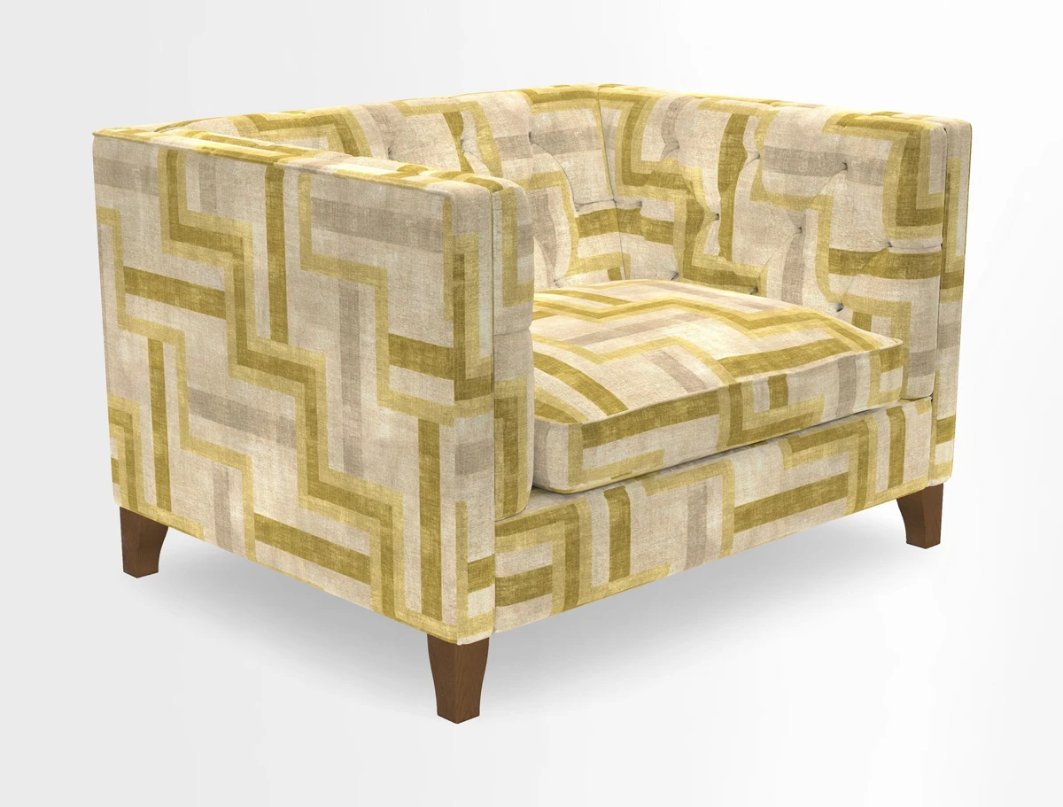 Haresfield Snuggler Dipped Arms in Mohair Lichen Seat Cushion in RHS Gertrude Jekyll Meadow Flower Olive and Scatters in RHS Gertrude Jekyll Folklore Olive