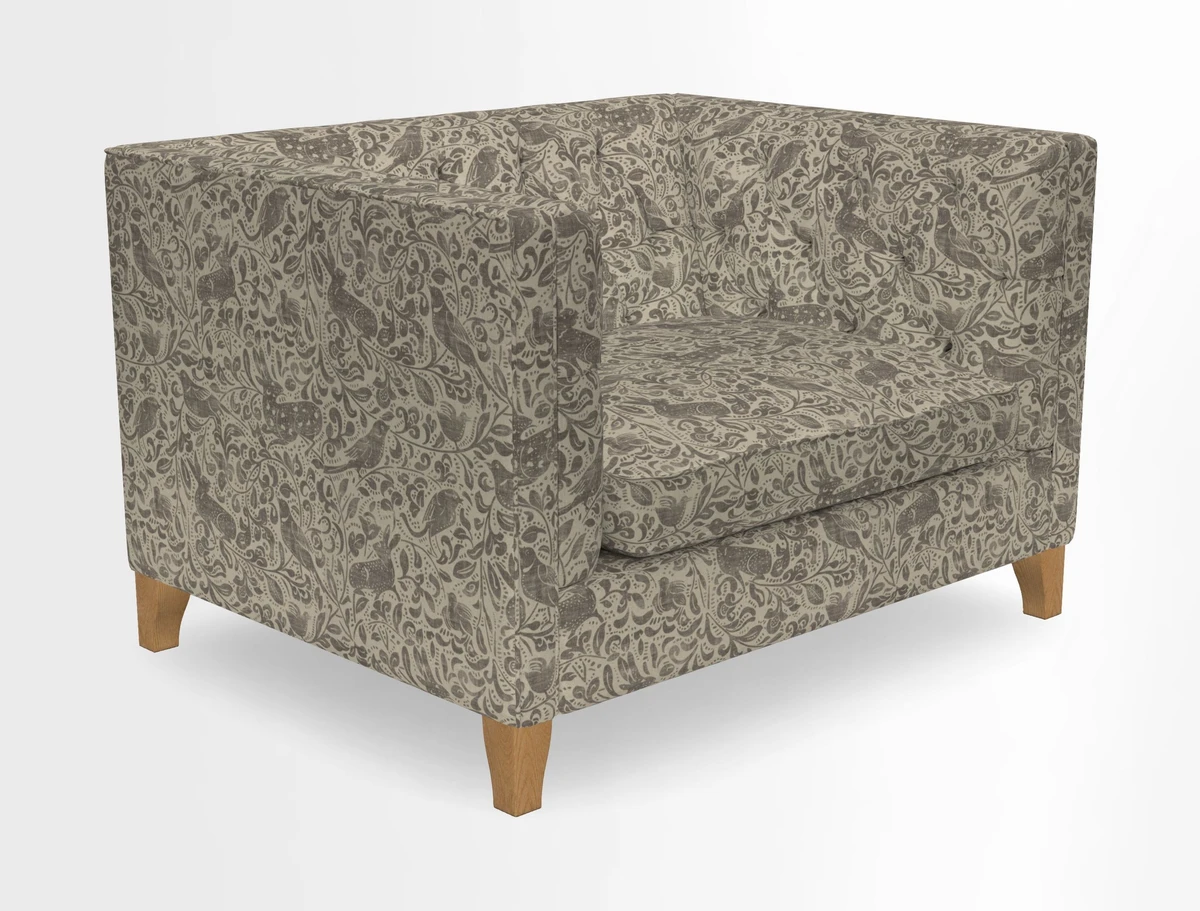 Haresfield Snuggler Dipped Arms in Mohair Lichen Seat Cushion in RHS Gertrude Jekyll Meadow Flower Olive and Scatters in RHS Gertrude Jekyll Folklore Olive