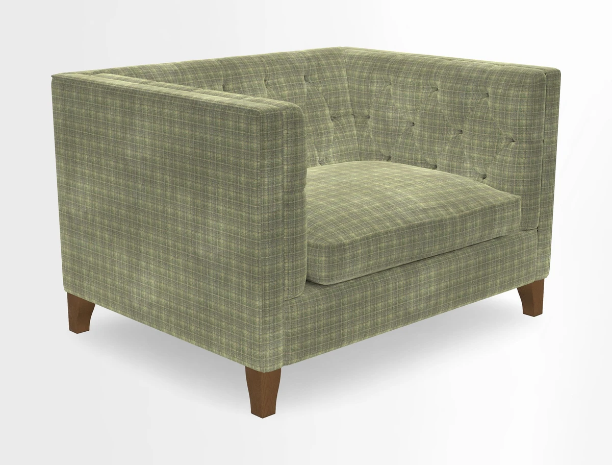 Haresfield Snuggler Dipped Arms in Mohair Lichen Seat Cushion in RHS Gertrude Jekyll Meadow Flower Olive and Scatters in RHS Gertrude Jekyll Folklore Olive