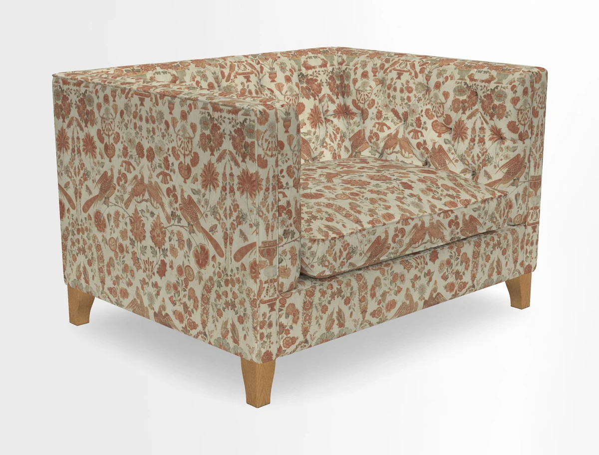 Haresfield Snuggler Dipped Arms in Mohair Lichen Seat Cushion in RHS Gertrude Jekyll Meadow Flower Olive and Scatters in RHS Gertrude Jekyll Folklore Olive