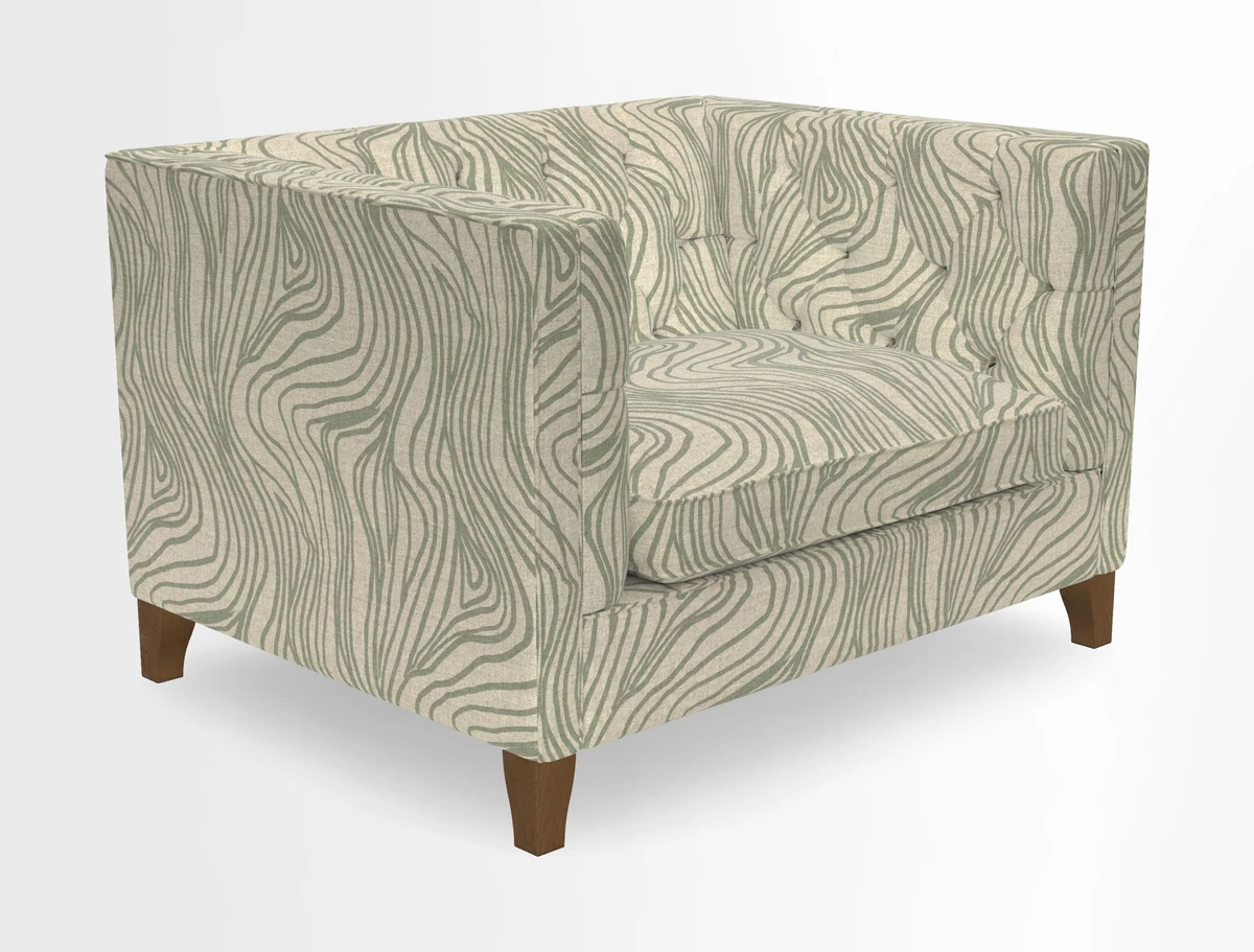 Haresfield Snuggler Dipped Arms in Mohair Lichen Seat Cushion in RHS Gertrude Jekyll Meadow Flower Olive and Scatters in RHS Gertrude Jekyll Folklore Olive