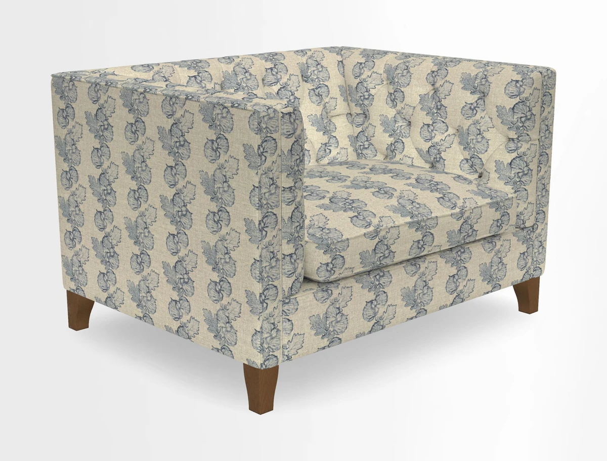Haresfield Snuggler Dipped Arms in Mohair Lichen Seat Cushion in RHS Gertrude Jekyll Meadow Flower Olive and Scatters in RHS Gertrude Jekyll Folklore Olive