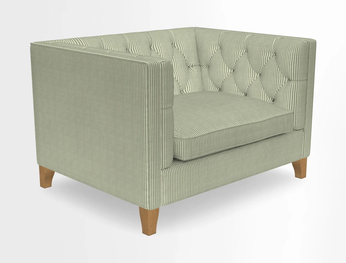 Haresfield Snuggler Dipped Arms in Mohair Lichen Seat Cushion in RHS Gertrude Jekyll Meadow Flower Olive and Scatters in RHS Gertrude Jekyll Folklore Olive