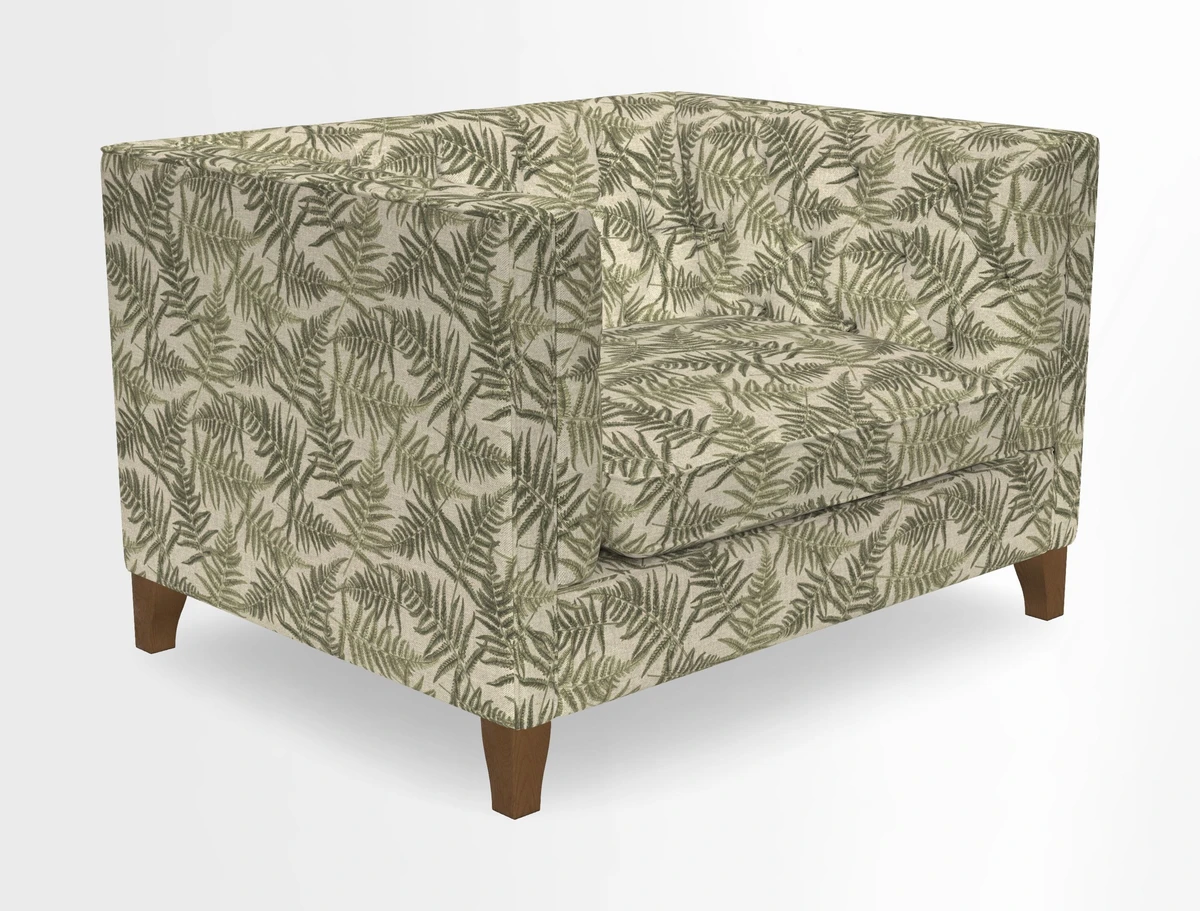 Haresfield Snuggler Dipped Arms in Mohair Lichen Seat Cushion in RHS Gertrude Jekyll Meadow Flower Olive and Scatters in RHS Gertrude Jekyll Folklore Olive