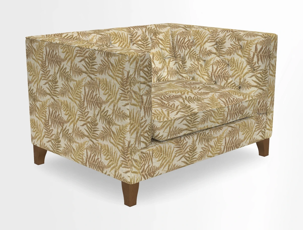 Haresfield Snuggler Dipped Arms in Mohair Lichen Seat Cushion in RHS Gertrude Jekyll Meadow Flower Olive and Scatters in RHS Gertrude Jekyll Folklore Olive