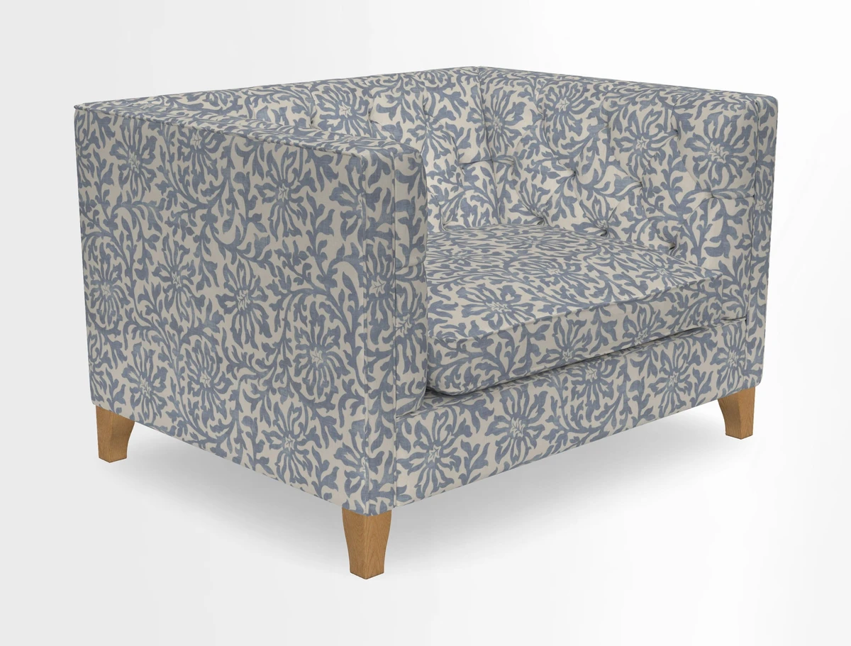 Haresfield Snuggler Dipped Arms in Mohair Lichen Seat Cushion in RHS Gertrude Jekyll Meadow Flower Olive and Scatters in RHS Gertrude Jekyll Folklore Olive